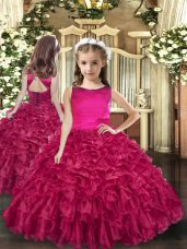 Fancy Fuchsia Scoop Lace Up Ruffles Pageant Dress for Teens Sleeveless
