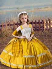 Gold Ball Gowns Beading and Embroidery Kids Pageant Dress Lace Up Satin Sleeveless Floor Length
