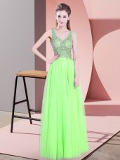 Yellow Green Tulle Zipper Dress for Prom Sleeveless Floor Length Beading