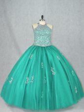 Adorable Halter Top Sleeveless 15 Quinceanera Dress Floor Length Beading and Appliques Turquoise Tulle