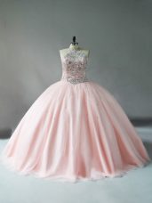 Traditional Tulle Halter Top Sleeveless Beading Quinceanera Gowns in Pink