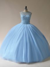 Captivating Scoop Sleeveless Quinceanera Gown Floor Length Beading Light Blue Tulle