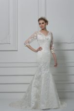 White Lace Up V-neck Lace and Hand Made Flower Wedding Gowns Lace 3 4 Length Sleeve Brush Train