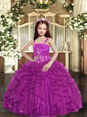 Sleeveless Tulle Floor Length Lace Up Pageant Gowns For Girls in Fuchsia with Beading and Ruffles