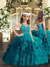 Cheap Teal V-neck Neckline Ruffled Layers and Hand Made Flower Pageant Dress Wholesale Sleeveless Zipper