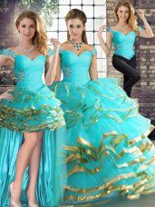 Delicate Aqua Blue Tulle Lace Up Quinceanera Gowns Sleeveless Floor Length Beading and Ruffled Layers