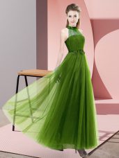 Trendy Olive Green Halter Top Neckline Beading and Appliques Bridesmaid Dress Sleeveless Lace Up