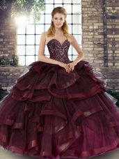 Artistic Burgundy Ball Gowns Sweetheart Sleeveless Tulle Floor Length Lace Up Beading and Ruffles Sweet 16 Quinceanera Dress