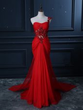 Suitable Red Prom Gown Prom and Party and Military Ball with Beading and Lace and Appliques One Shoulder Sleeveless Watteau Train Zipper