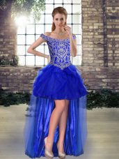 Trendy Beading and Ruffles Party Dress for Toddlers Royal Blue Lace Up Sleeveless High Low