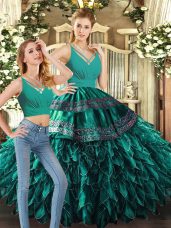 Turquoise Organza Backless Sweet 16 Quinceanera Dress Sleeveless Floor Length Appliques and Ruffles