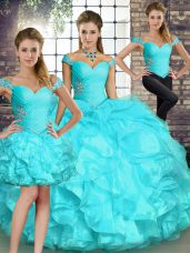 Beauteous Aqua Blue Three Pieces Off The Shoulder Sleeveless Organza Floor Length Lace Up Beading and Ruffles Sweet 16 Quinceanera Dress
