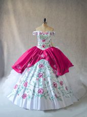 Embroidery and Ruffles 15 Quinceanera Dress Pink And White Lace Up Sleeveless Floor Length