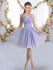 New Arrival Lavender Empire Chiffon V-neck Sleeveless Beading Knee Length Zipper Damas Dress