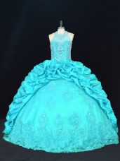 Aqua Blue Halter Top Neckline Beading and Appliques and Embroidery and Pick Ups Quinceanera Gown Sleeveless Lace Up