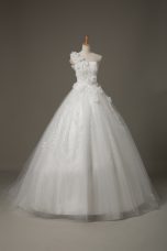 Sleeveless Beading and Lace and Hand Made Flower Lace Up Bridal Gown with White Brush Train