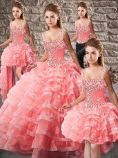 Watermelon Red Ball Gowns Organza Straps Sleeveless Beading and Ruffled Layers Lace Up Ball Gown Prom Dress Court Train