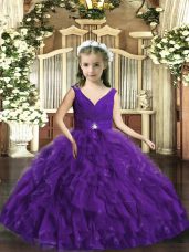 Purple Ball Gowns Beading and Ruffles High School Pageant Dress Backless Organza Sleeveless Floor Length