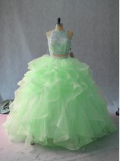 Stylish Apple Green Halter Top Neckline Beading and Ruffles Sweet 16 Dresses Sleeveless Backless