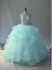 Floor Length Backless Sweet 16 Dress Light Blue for Sweet 16 and Quinceanera with Beading and Ruffles