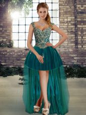 Charming A-line Celebrity Dress Dark Green Straps Tulle Sleeveless High Low Lace Up