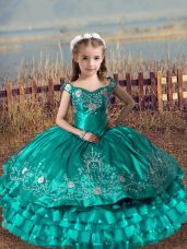 Simple Off The Shoulder Sleeveless Lace Up Little Girls Pageant Dress Wholesale Turquoise Satin and Organza