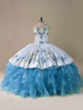 Flirting Blue Organza Lace Up Quinceanera Dresses Sleeveless Floor Length Embroidery and Ruffles
