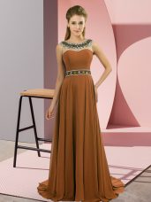 Fitting Scoop Sleeveless Prom Party Dress Brush Train Beading Brown Chiffon