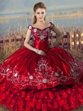 Red Off The Shoulder Lace Up Embroidery and Ruffled Layers Ball Gown Prom Dress Sleeveless