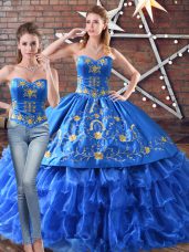 Floor Length Lace Up 15th Birthday Dress Blue for Sweet 16 and Quinceanera with Embroidery