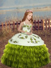 Green Ball Gowns Organza Straps Sleeveless Embroidery and Ruffled Layers Floor Length Lace Up Evening Gowns