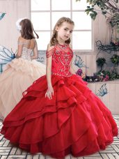 Red Sleeveless Beading and Ruffled Layers Floor Length Little Girls Pageant Dress Wholesale