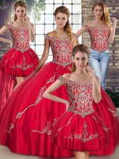 Red Sleeveless Floor Length Beading and Embroidery Lace Up 15th Birthday Dress
