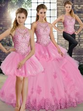Great Sleeveless Lace Up Floor Length Lace and Embroidery and Ruffles Quinceanera Dress