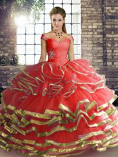 Beading and Ruffled Layers Quinceanera Dresses Coral Red Lace Up Sleeveless Floor Length