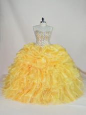 Fantastic Ball Gowns Sweet 16 Dresses Gold Sweetheart Organza Sleeveless Floor Length Lace Up