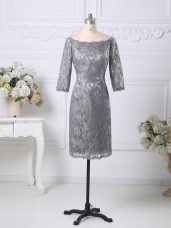Classical Scoop Half Sleeves Evening Dress Knee Length Lace Grey Lace