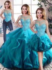 Latest Scoop Sleeveless Lace Up Sweet 16 Quinceanera Dress Aqua Blue Tulle