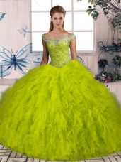 Off The Shoulder Sleeveless Tulle Sweet 16 Dress Beading and Ruffles Brush Train Lace Up