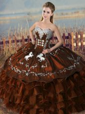 Brown Lace Up Quinceanera Dress Embroidery and Ruffles Sleeveless Floor Length