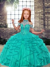 Turquoise Tulle Lace Up Pageant Dress for Teens Sleeveless Floor Length Beading and Ruffles