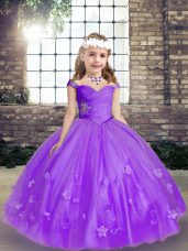 Excellent Lavender Straps Neckline Beading and Hand Made Flower Kids Formal Wear Sleeveless Lace Up