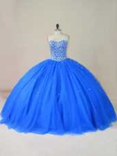 Best Floor Length Blue 15th Birthday Dress Tulle Sleeveless Beading