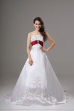 White Ball Gowns Strapless Sleeveless Satin Brush Train Lace Up Beading and Embroidery Wedding Dress