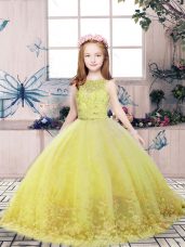 Affordable Yellow Green Scoop Backless Lace and Appliques Little Girls Pageant Dress Wholesale Sleeveless