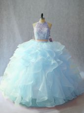 Exceptional Light Blue Two Pieces Organza Scoop Sleeveless Beading and Ruffles Backless 15 Quinceanera Dress Brush Train