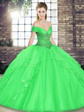 Ball Gowns Quinceanera Dress Green Off The Shoulder Tulle Sleeveless Floor Length Lace Up