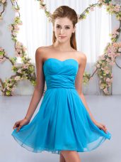 Sweetheart Sleeveless Bridesmaid Dresses Mini Length Ruching Aqua Blue Chiffon
