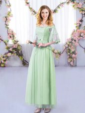 Custom Designed Floor Length Empire Half Sleeves Apple Green Bridesmaid Dresses Side Zipper