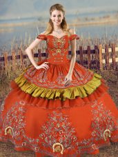 Top Selling Rust Red Ball Gowns Off The Shoulder Sleeveless Satin and Organza Floor Length Lace Up Embroidery Sweet 16 Dresses